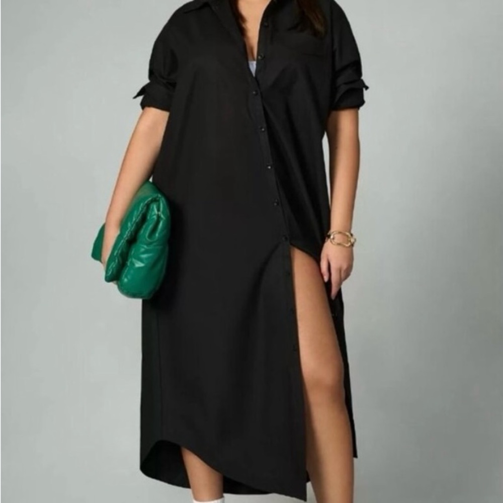 Maeve Black Button-Front Midi Shirt Dress with Green Clutch